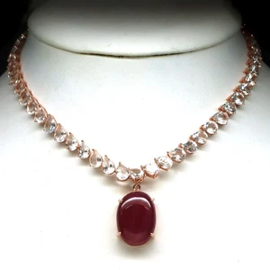 Giff For Her 925 Silver Red Ruby & Topaz Necklace 16.5" Rose Gold Coated - Picture 1 of 5