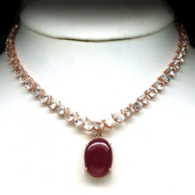 Giff For Her 925 Silver Red Ruby & Topaz Necklace 16.5" Rose Gold Coated - Image 1 of 4