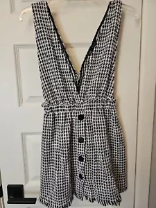 Zara Tweed Black and White Fringe Button Front Straps Short Dress XS - Picture 1 of 5