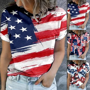 Womens American Flag Shirt Short Sleeve Round Neck USA Independence Day 4th Of - Picture 1 of 21