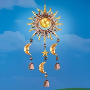 SUN MOON STARS SOLAR LIGHT WIND CHIMES HANGING DANGLER - GLASSS BALL INSIDE SUN - Picture 1 of 1