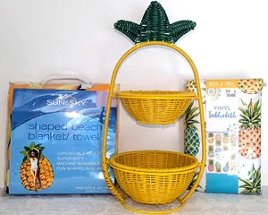 Pineapple 2 Tier Metal Wire Rattan Server Baskets, Tablecloth, Beach Blanket - Picture 1 of 16