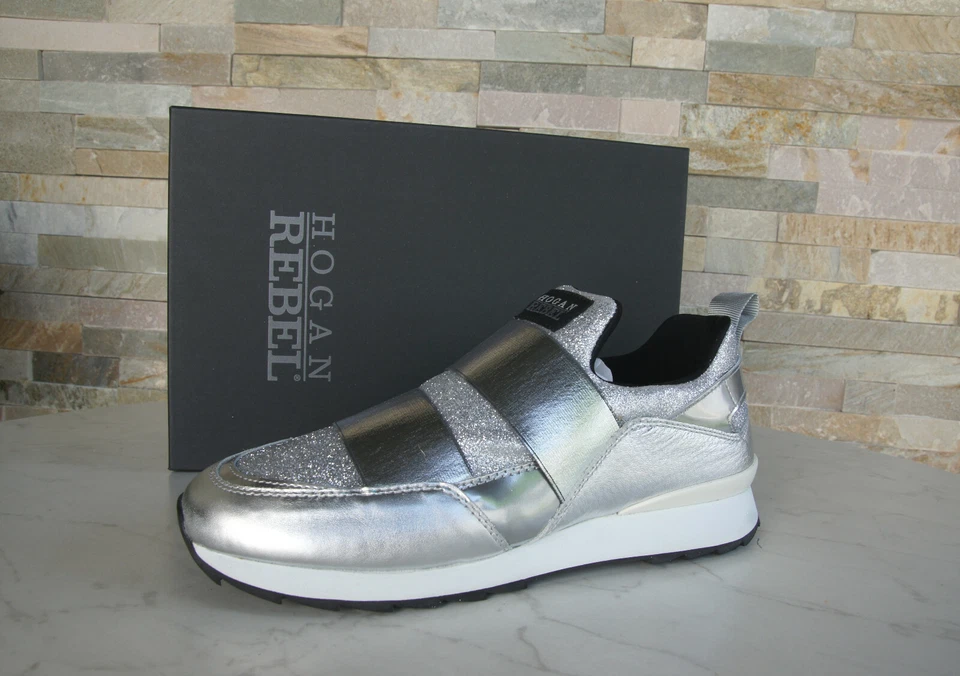 Hogan Rebel Tg. 39,5 Slipper Slip-On Sneakers Scarpe Argento Nuovo Origin. - Immagine 1 di 4