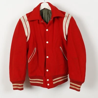 Chaqueta Bomber Universitaria Vintage Años 60 Talla Pequeña 38 Snap Rojo Lana Cuero Hatchers Foto 1 de 4
