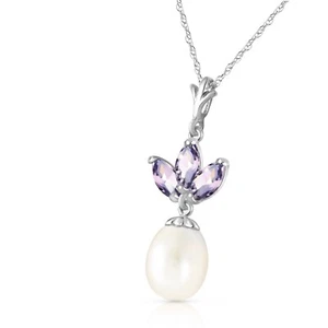 14K. SOLID GOLD NECKLACE WITH PEARL & TANZANITES (White Gold) - Picture 1 of 6