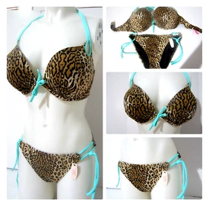 NWT Victoria's Secret Leopard Print Gorgeous Add-2 Cup Halter Bikini Set 36/D L - Picture 1 of 13