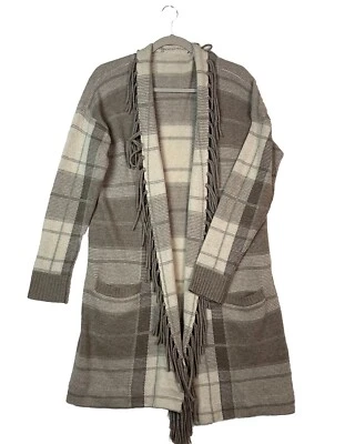 Ralph Lauren Vissam Para Mujer M Largo Cárdigan A Cuadros Abierto Suéter Flecos Tostado Foto 1 de 4