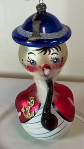 Vintage De Carlini Sailor Santa w/Pipe & Fuzzy Beard Blown Glass Ornament Italy - Picture 1 of 10