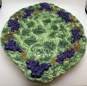 Vintage Ceramic Grapes And Grape Leaves Oval Platter Hunter Green And Purple - Picture 1 of 6