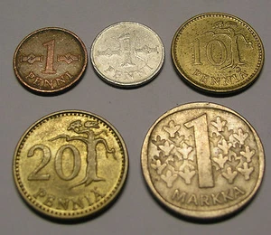 Moneda Finlandia 1 Penni 10 20 Pennia 1 Markka Mark 1963-1981 Finland Suomi - Imagen 1 de 1