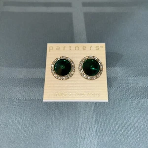 Emerald Colored Earrings Round with Rhinestone Frame Post Backs Surgical Steel - Picture 1 of 3