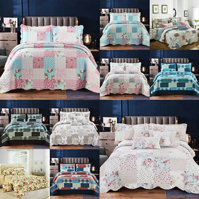 3 Piece Quilted Patchwork Bedspread Throw Single Double King Size Bedding Set - Image 1 of 4