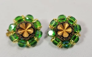 Vtg Western Germany Earrings w Green Beads & Goldtone Clip-On Style Signed - Picture 1 of 7
