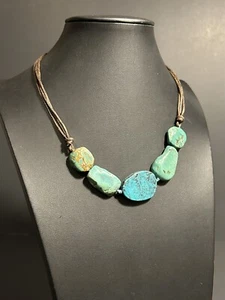 Genuine Turquoise Chunk Slice Leather 925 Clasp Extender Necklace Unisex QVC - Picture 1 of 6