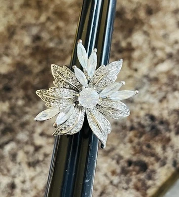 Pretty Rhinestone Silvertone Flower Ring Size 5 1/4 Large 1 1/2 Flower - Image 1 of 4