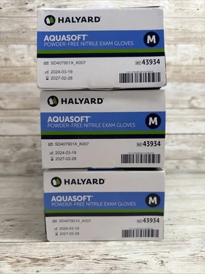 Guantes de examen de nitrilo Halyard AquaSoft *3 cajas abolladas* Tamaño: mediano Exp: 27/02 Foto 1 de 4