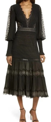 全新带标签 Tadashi Shoji 蕾丝 Pintuck 长袖鸡尾酒 Midi 黑色连衣裙 10 优雅 — 第 1/4 张图片