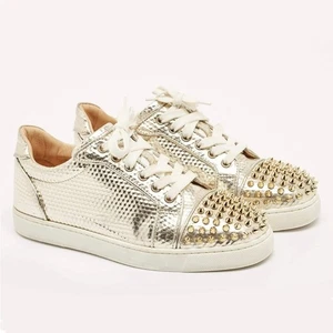 NEW Christian Louboutin Vieira Orlato Spike Studded Lace Up Sneaker Shoes Gold - Picture 1 of 11