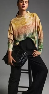 Anthropologie Pilcro S Alani Sunflower Floral 100 % Cashmere Mock-Neck Sweater - Picture 1 of 10
