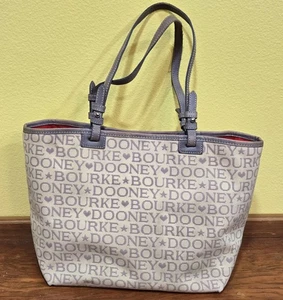 Dooney and Bourke Cream With Gray Monogram Lettering Handbag Red Interior Lg 15" - Picture 1 of 16