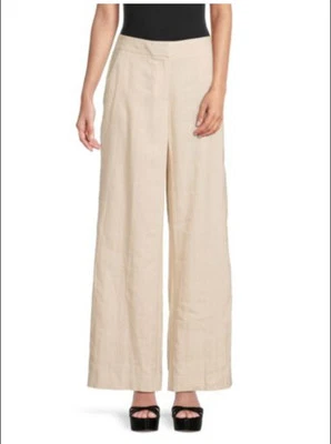Pantalones DKNY Mujer Cintura Alta Pierna Ancha Rosa Rayas Frontales Sarga Suave Marfil Talla 14 Foto 1 de 4