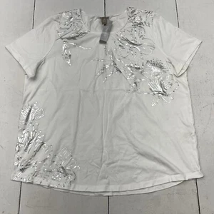 Chicos White Silver Floral Print Scoop Neck T-shirt Short Sleeve Women’s Size 4 - Picture 1 of 8