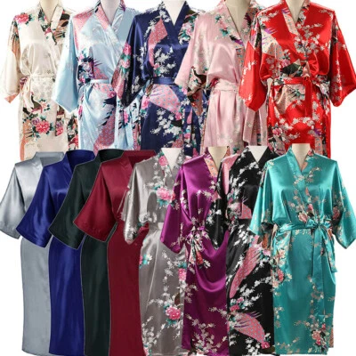 Bride Long Womens Kimono Robe Satin Night Dressing Gown Nightwear PLUS SIZE 8-24