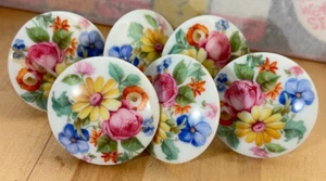 Set of 6 Ceramic Drawer Pulls Door Knobs, White w Printed Flowers, 1.75" AS-IS - Picture 1 of 5