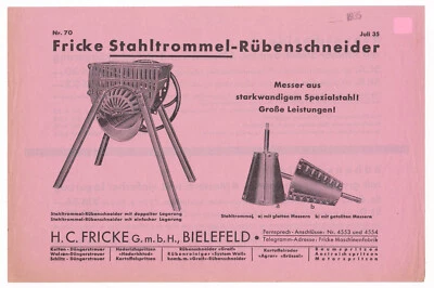 Werbung Fricke Bielefeld 1935 Stahltrommel-Rübenschneider Reichsmark bebildert - Bild 1 von 2