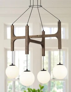 Vintage Milk Glass Pendant Light, Mid Century Wood Chandelier with Rustic Far... - Picture 1 of 8
