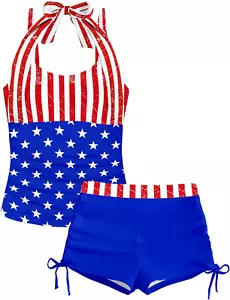 Girls Swimsuit 2 Piece Halterneck Girls Tankini Swimsuit Drawstring Printed Swim - Picture 1 of 21
