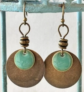 Bronze and Teal Enamel Coin Dangle Earrings. Boho Chic - Picture 1 of 3