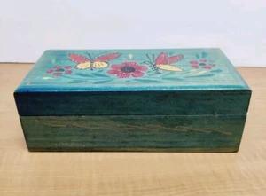 Vintage Mexican Wood Hand Painted Trinket box Hinged Butterfly 7"X3.5"X2.5" - Picture 1 of 12