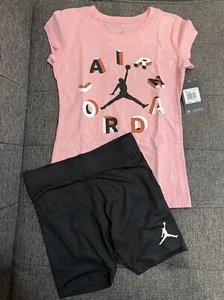 NEW NIKE Air Jordan Black SHORTS + NIKE Air Jordan Pink T SHIRT Girls Size M - Picture 1 of 8