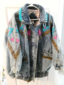 Vintage Weathered Blues Damen gefütterte Jeansjacke Gr. L Kunstleder/Stoff geometrisch - Bild 1 von 7
