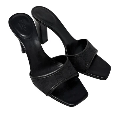 GUCCI Vintage GG Monogram Open Toe Sandals #36.5 Black Heels Canvas Leather - Image 1 of 4