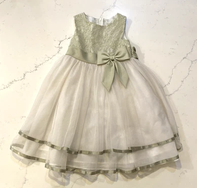 Vestido Formal Boda Ediciones Raras Niñas Talla 4 Verde Marfil Lazo Encaje Gasa Foto 1 de 4