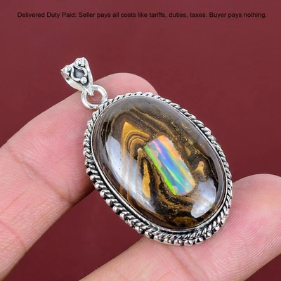Ovalado Natural Ópalo Etópico En Ópalo de Roca Étnico Esposa Bisel Colgante Plata 925 Foto 1 de 4