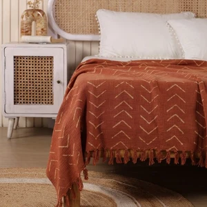 Handmade Throw Blanket Bohemian Rust Cotton Fringed Lightweight Boho Bed Blanket - Picture 1 of 10