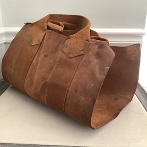 Vintage Raw Hide Suede Leather Tote Bag Distressed Firewood Carrier LESEN! - Bild 1 von 18