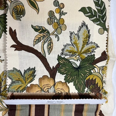  Designer Fabric Sample Dogwood Floral SP-695 Porcelain Linen Cream Brown Green - Image 1 of 4