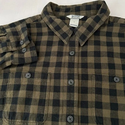 Duluth Trading Co Men's L Flannel Shirt Olive Green Black Plaid Button Down - Image 1 of 4