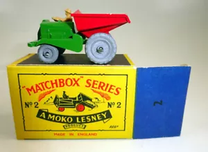 Matchbox RW 02B Dumper vert et rouge roues métal top en boite "B2 MOKO" - Photo 1/12