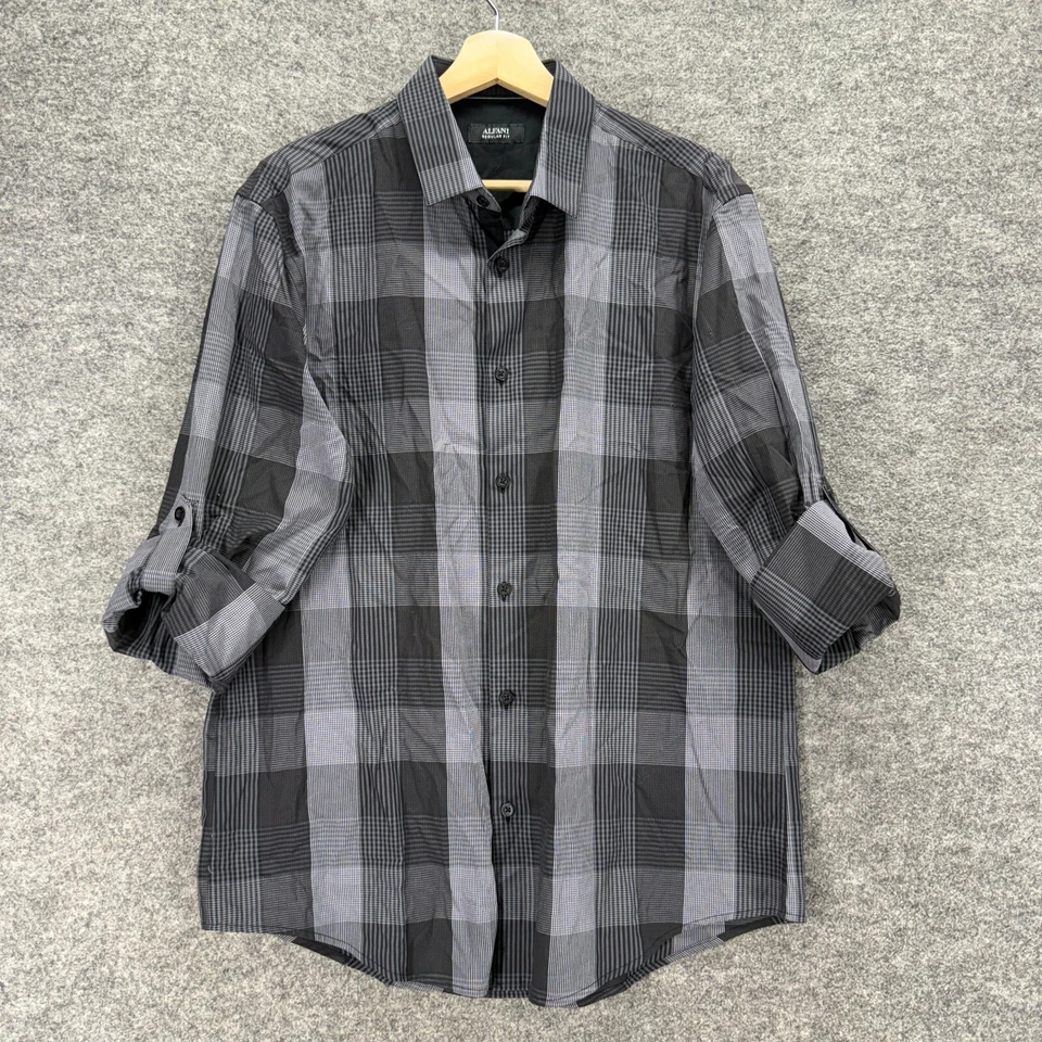 Рубашка мужская Alfani M средняя серая клетчатая на пуговицах рукав 3/4 с воротником обычный покрой - Изображение 1 из 4