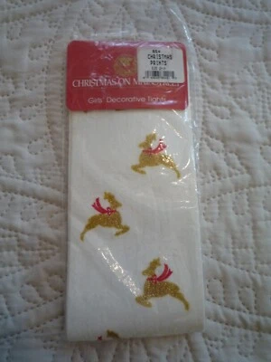 1 Pair Girls White Size 12-14 Christmas Holiday Decorative Gold Reindeer Tights - Image 1 of 4