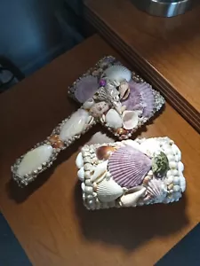 Purple Accented Sea Shell Vanity Mirror & Medium Sea Shell Covered Trinket Box - Picture 1 of 14