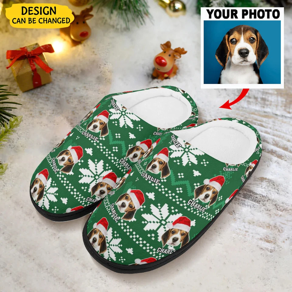 Zapatillas Personalizadas para Mascotas, Foto Personalizada y Nombre Perro Gato Verde Feo Navidad Foto 1 de 1