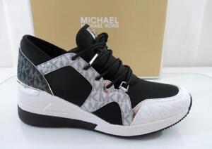Michael Kors Liv Trainer Wedge Lace Up Sneaker MK Logo Black / Silver Size 9