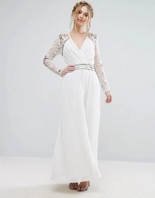 VESTIDO MAXI DE NOVIA FALDA Y VOLANTE BLANCO PLISADO CON CUENTAS ENCAJE K 8 Foto 1 de 4