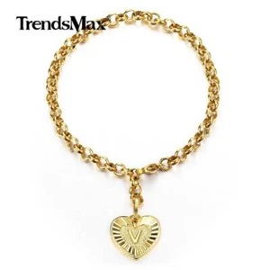 Gold Plated Stainless Steel Heart Letter A-Z Charm Bracelet Chain for Men Boys - Picture 1 of 31